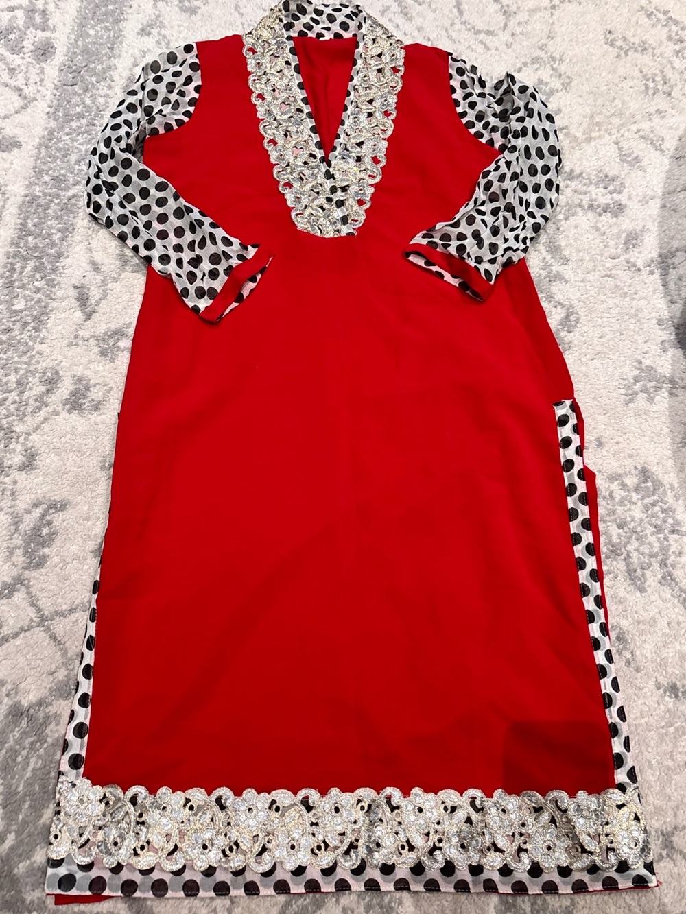 Red Kurta dresswith Polka Dot Sleeves and Embellished V-Neck